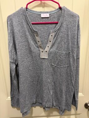 Pink Lily Gray Long Sleeve Snap Henley Top